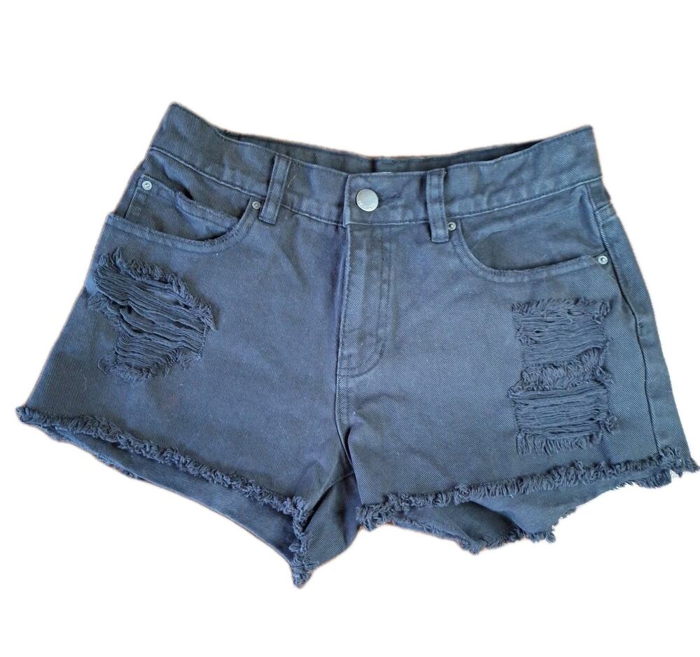 Billabong Drift Away Distressed Denim Shorts Off Black Cut Off Frayed Size 26